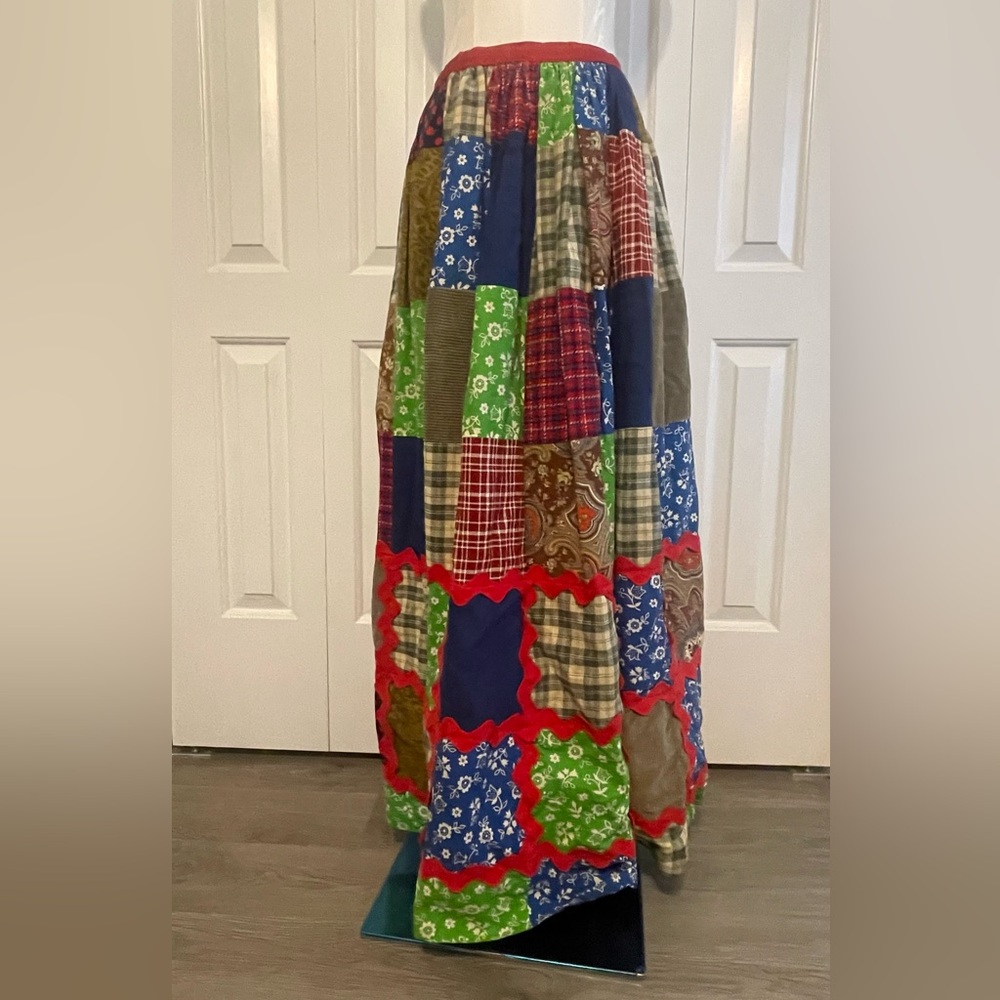 Vintage Burst of Color Handmade Plaid, Paisley, Corduroy Patchwork Maxi Skirt